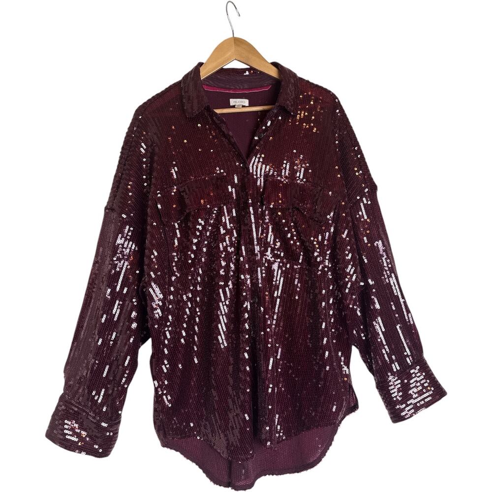 Anthropologie Pilcro Sequin Button Up Shirt Women’s L Burgundy Oversized EUC - Picture 2 of 10